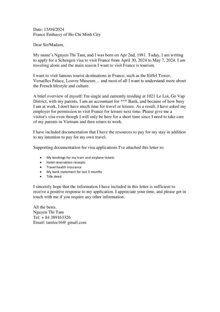 Mẫu thư giải trình xin visa Schengen diện du lịch tham khảo