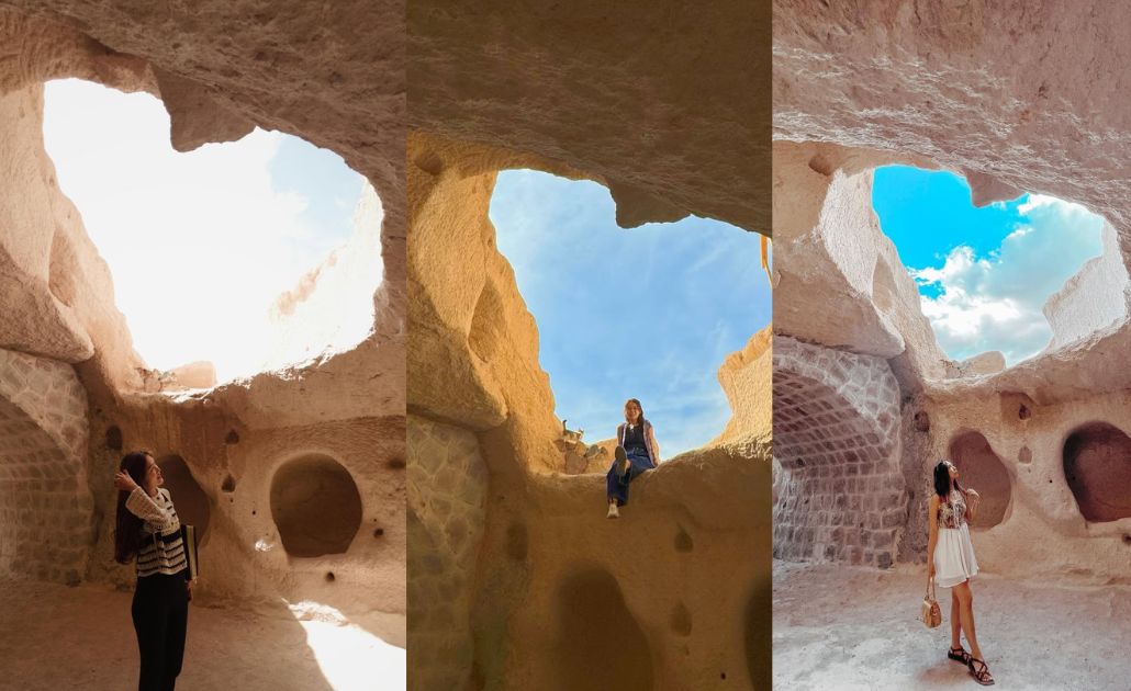 Góc chụp Love Cave Uçhisar Castle với khung trái tim tự nhiên rõ nét