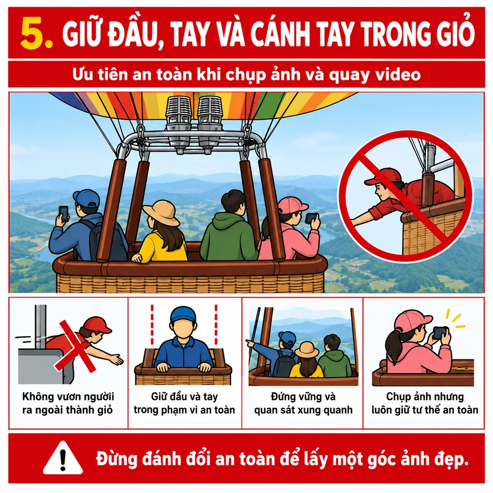 Giữ đầu, tay và cánh tay trong giỏ khinh khí cầu khi chụp ảnh, quay video Giữ đầu, tay và cánh tay trong giỏ khinh khí cầu khi chụp ảnh, quay video