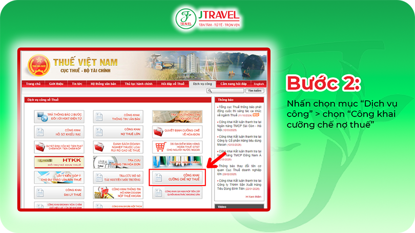 Bước 2. Nhấn chọn mục “Dịch vụ công” > chọn “Công khai cưỡng chế nợ thuế”