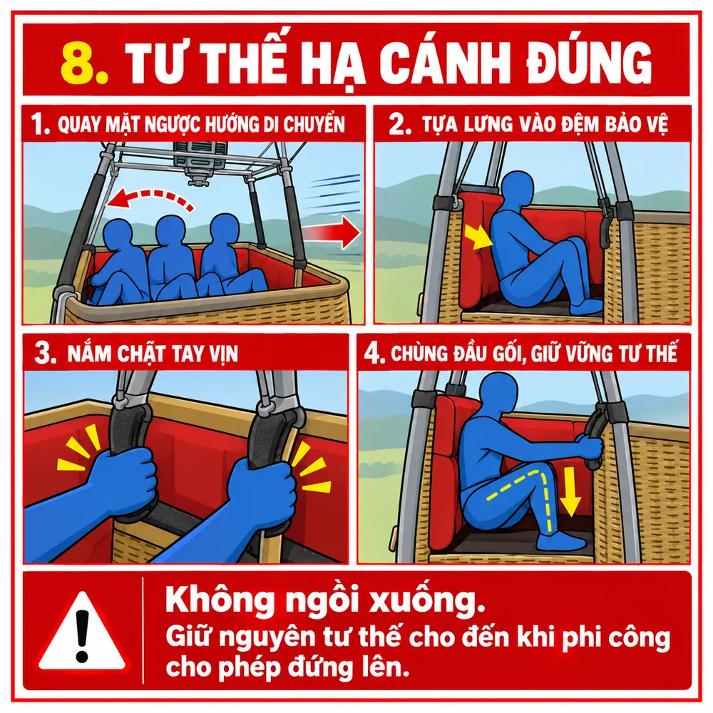 Tư thế hạ cánh khinh khí cầu LANDING POSITION: quay lưng, tựa đệm, nắm tay vịn, chùng gối Tư thế hạ cánh khinh khí cầu LANDING POSITION: quay lưng, tựa đệm, nắm tay vịn, chùng gối