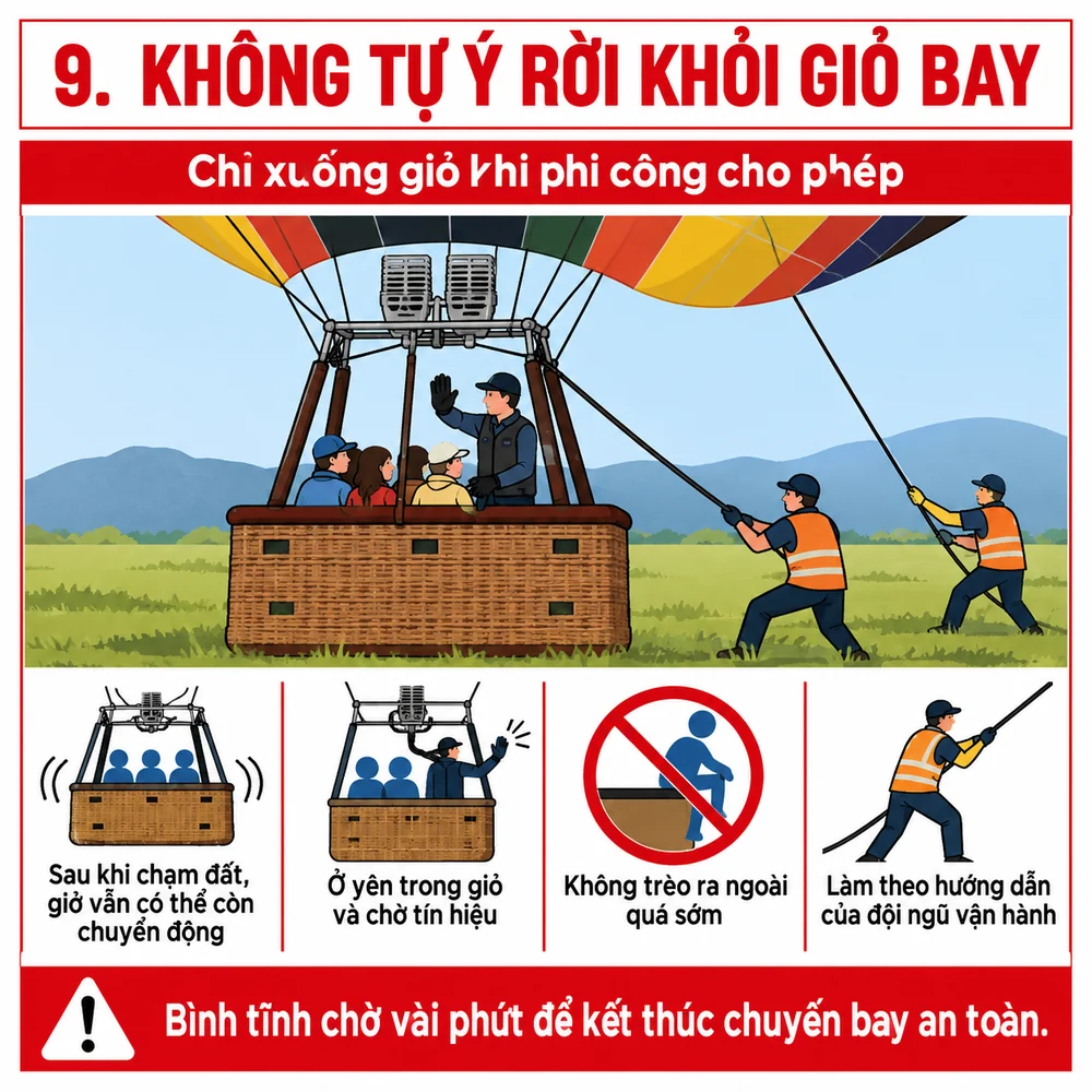 Không tự ý rời khỏi giỏ khinh khí cầu khi phi công chưa cho phép Không tự ý rời khỏi giỏ khinh khí cầu khi phi công chưa cho phép