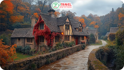 Mù thu Bibury - Cảnh vật chuyển màu vàng, đỏ cam ấm áp