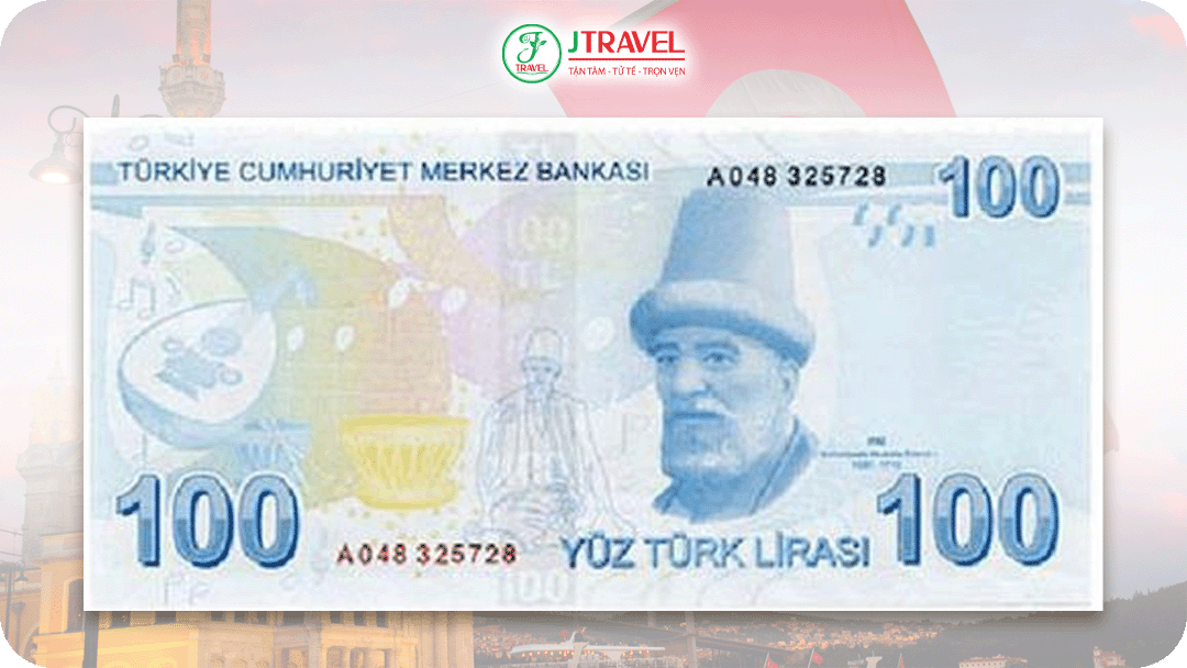 Trên tờ 100 Lira là chân dung Buhurizade Mustafa Itri, nhạc sĩ, nhà thơ kiêm nhà tư tưởng âm nhạc