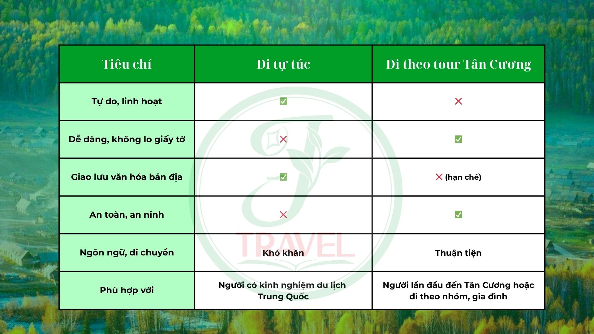 Bảng So Sánh Du Lịch Tự Túc và Du Lịch Theo Tour Đoàn JTRAVEL (ảnh internet)