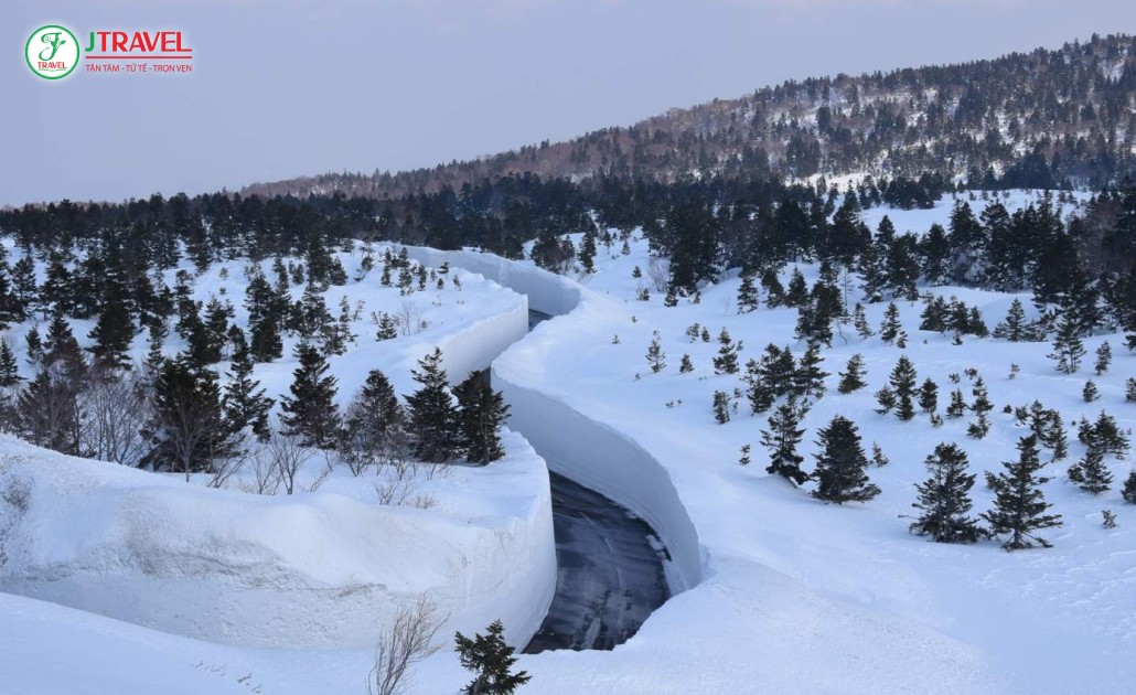 Cảnh quan mùa đông Nhật Bản với tuyết phủ trắng xóa trên núi
