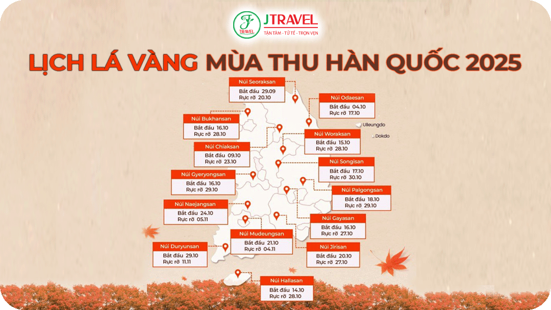 Lịch lá vàng mùa thu Hàn Quốc 2025