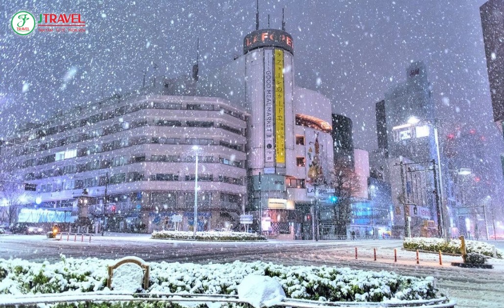Cảnh tuyết trắng rải trên đường phố Tokyo