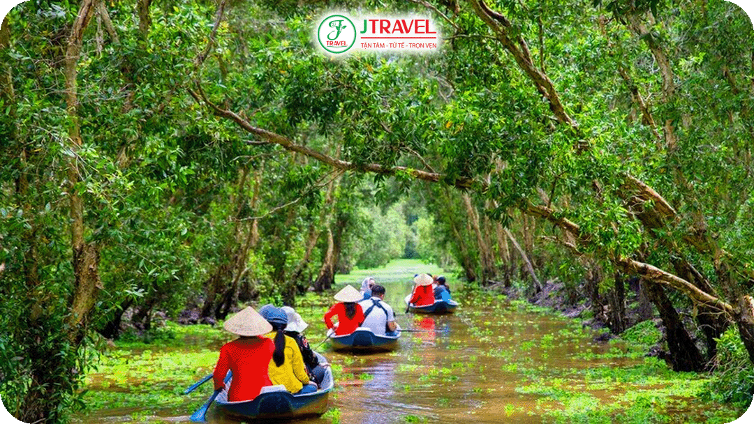 Trải nghiệm chèo xuồng tận hưởng thiên nhiên trong lành tại rừng tràm Trà Sư