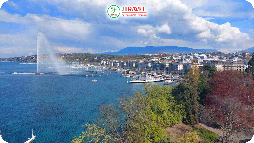 đài phun nước Jet d’Eau tung bọt trắng xóa giữa hồ Léman
