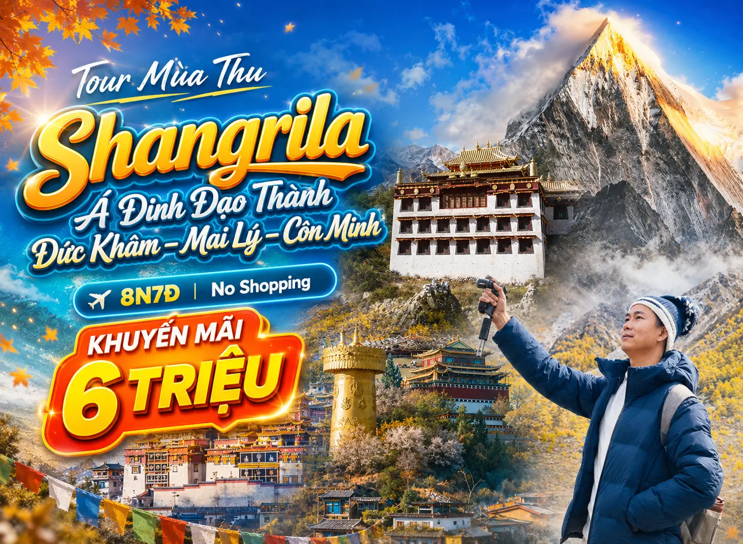 Tour Trung Quốc Mùa Thu: Shangrila – Á Đinh Đạo Thành – Đức Khâm – Mai Lý – Côn Minh 8N7Đ | No Shopping