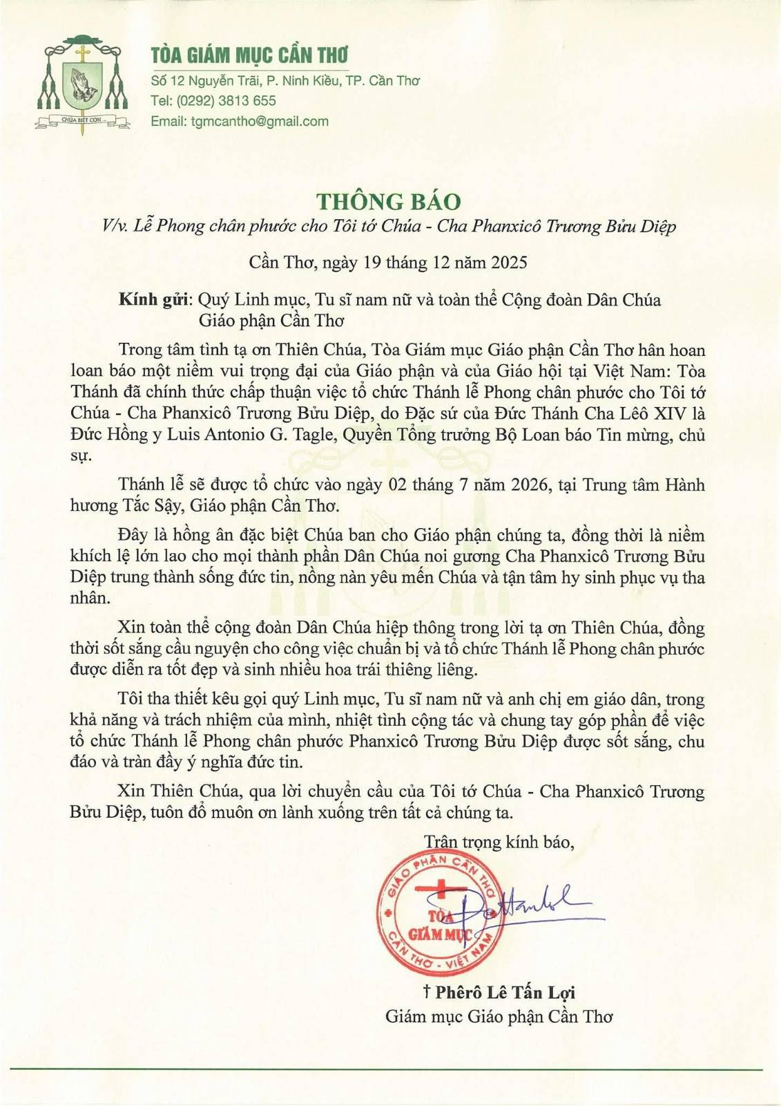 Thông báo từ giáo phận Cần Thơ