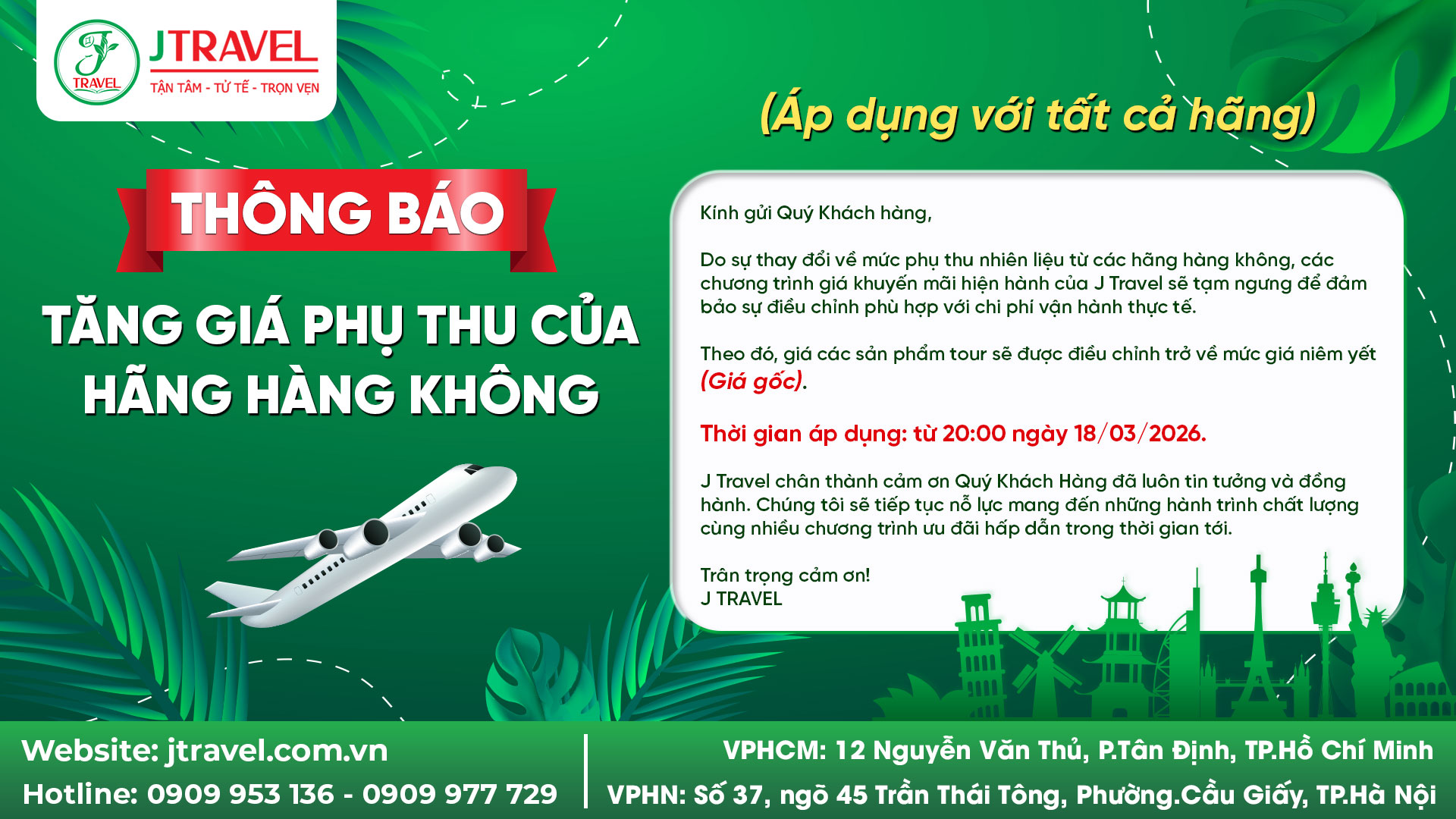 Thông báo tăng giá phụ thu của hãng hàng không