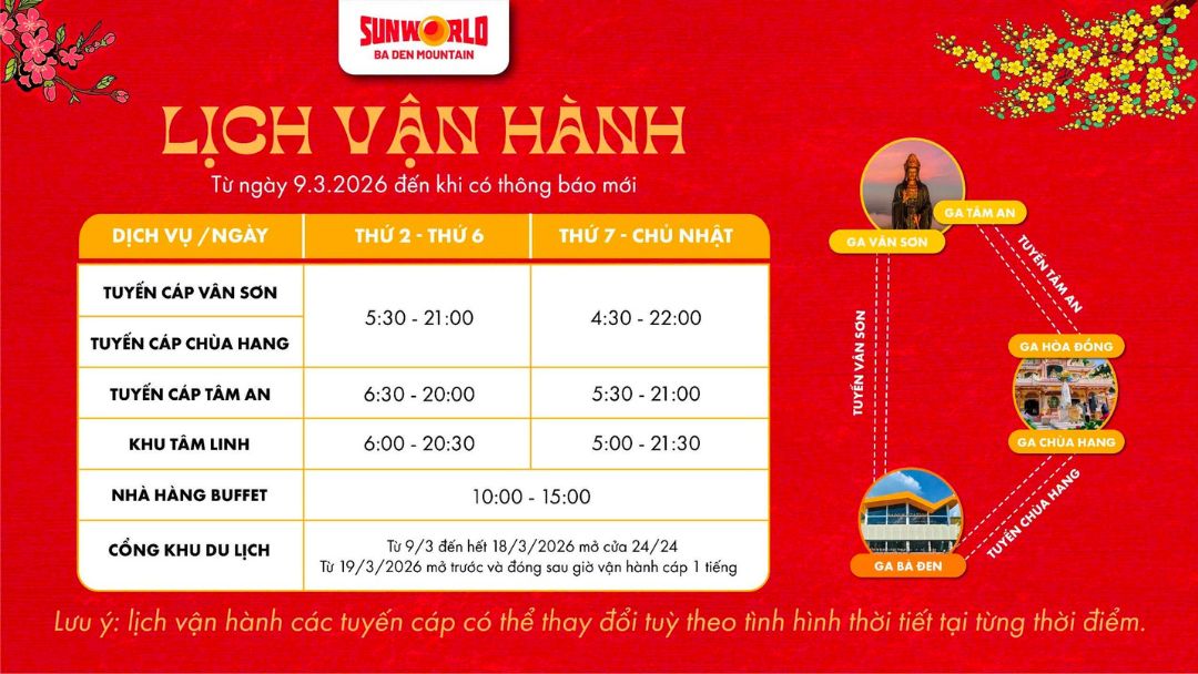 Lịch vận hành cáp treo núi Bà Đen