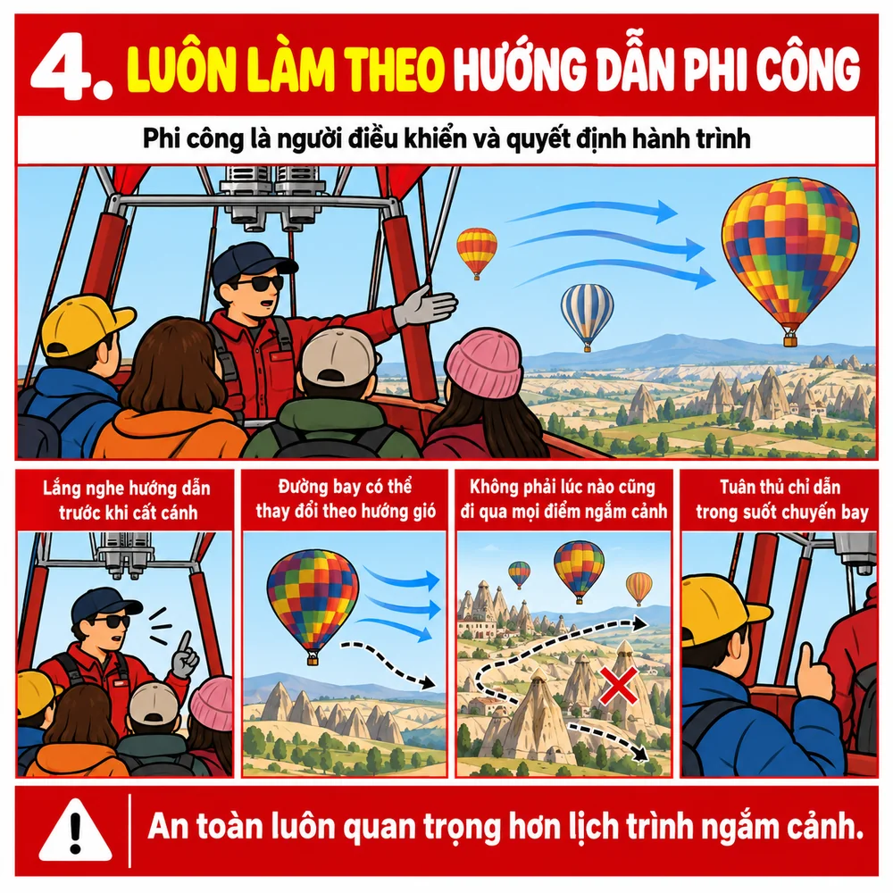Luôn làm theo hướng dẫn của phi công khinh khí cầu, đường bay phụ thuộc hướng gió Luôn làm theo hướng dẫn của phi công khinh khí cầu, đường bay phụ thuộc hướng gió