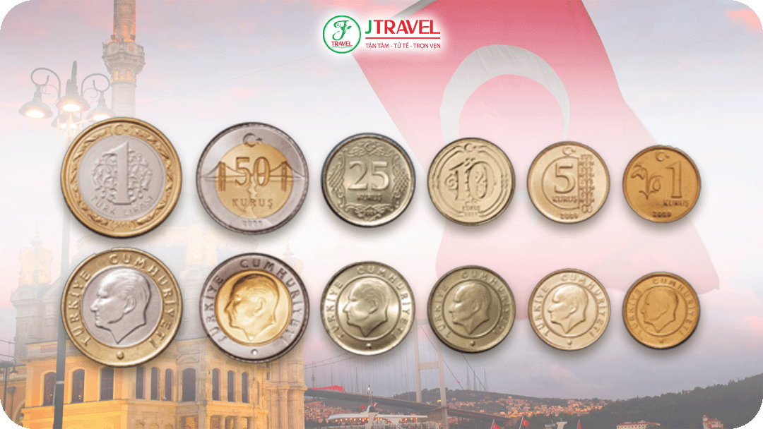 Tiền xu với các mệnh giá gồm 1, 5, 10, 25, 50 kurus và 1 lira