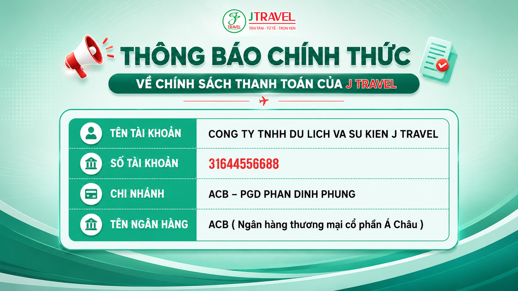 Số tài khoản ngân hàng của J Travel