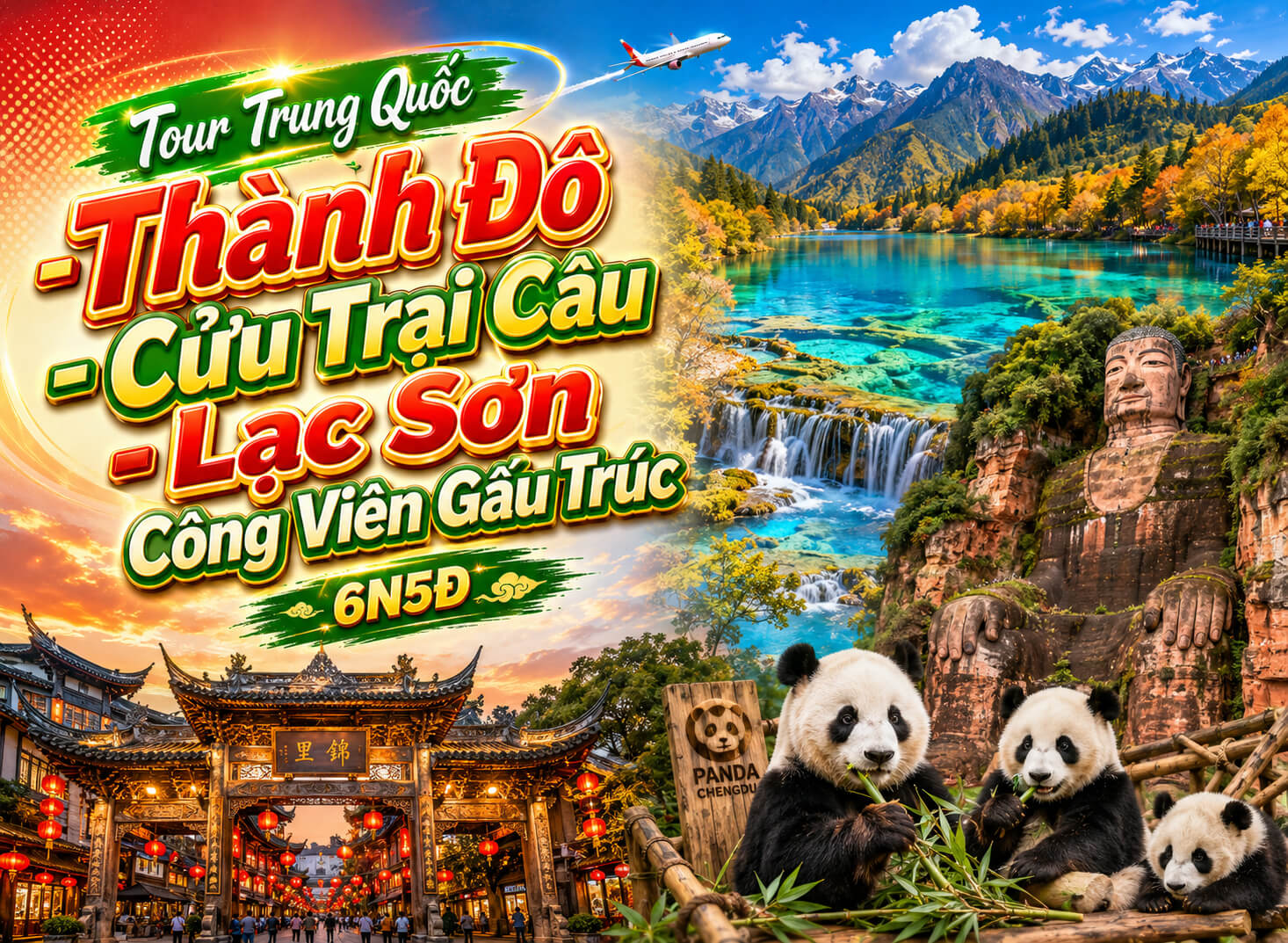 Tour Trung Quốc: Thành Đô – Cửu Trại Câu – Lạc Sơn – Công Viên Gấu Trúc 6N5Đ | No Shopping