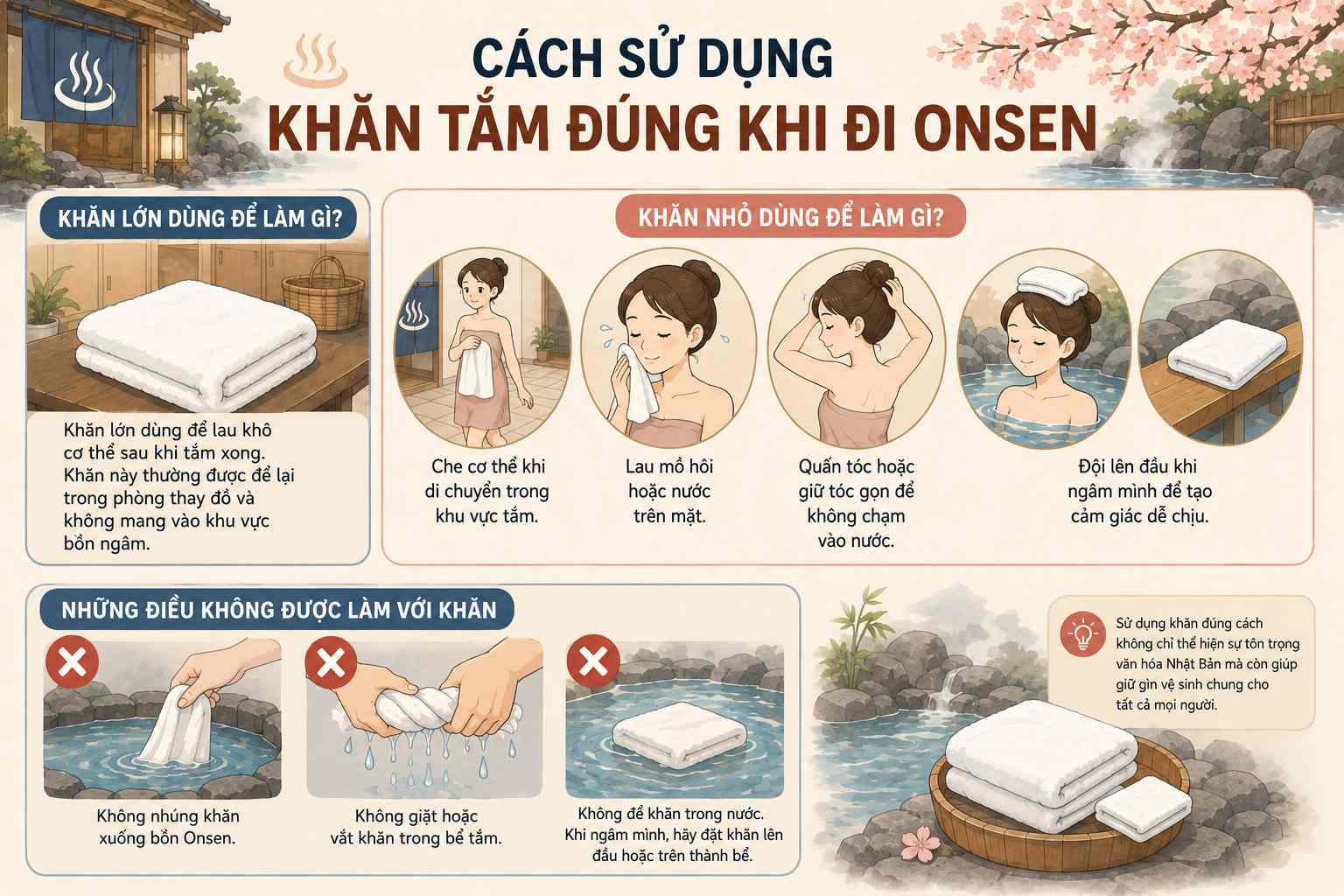 Cách sử dụng khăn tắm đúng khi đi Onsen