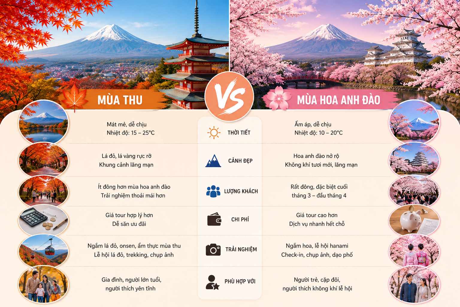 So sánh chi tiết tour Nhật Bản mùa thu và mùa hoa anh đào