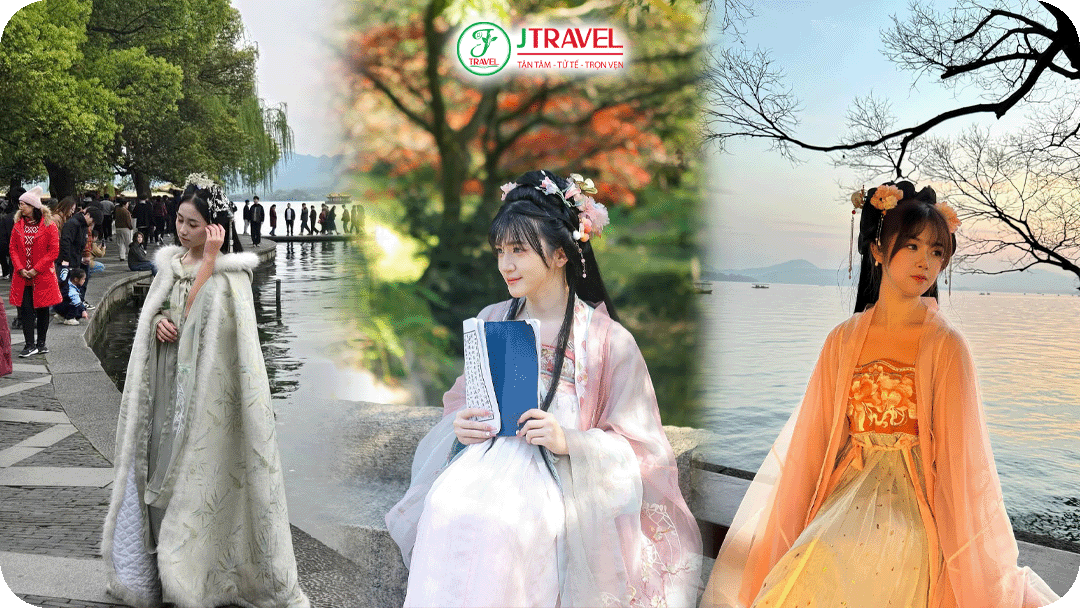 Du khách thường thuê trang phục cổ trang để chụp ảnh tại Tây Hồ