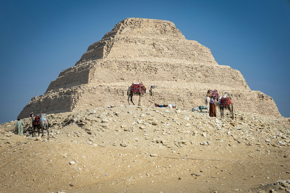 Những chú ngựa trước Kim tự tháp bậc thang Djoser ở Saqqara