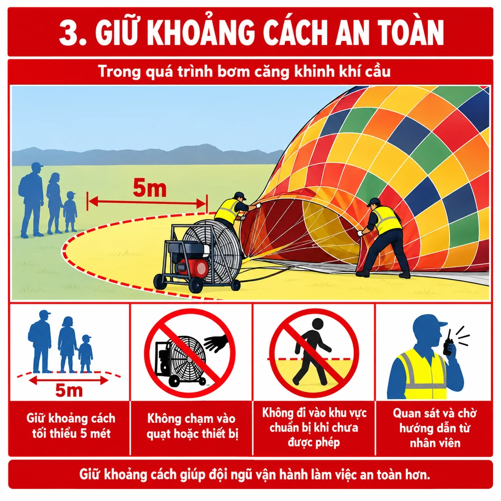Giữ khoảng cách tối thiểu 5 mét với quạt thổi khí khi bơm căng khinh khí cầu Giữ khoảng cách tối thiểu 5 mét với quạt thổi khí khi bơm căng khinh khí cầu