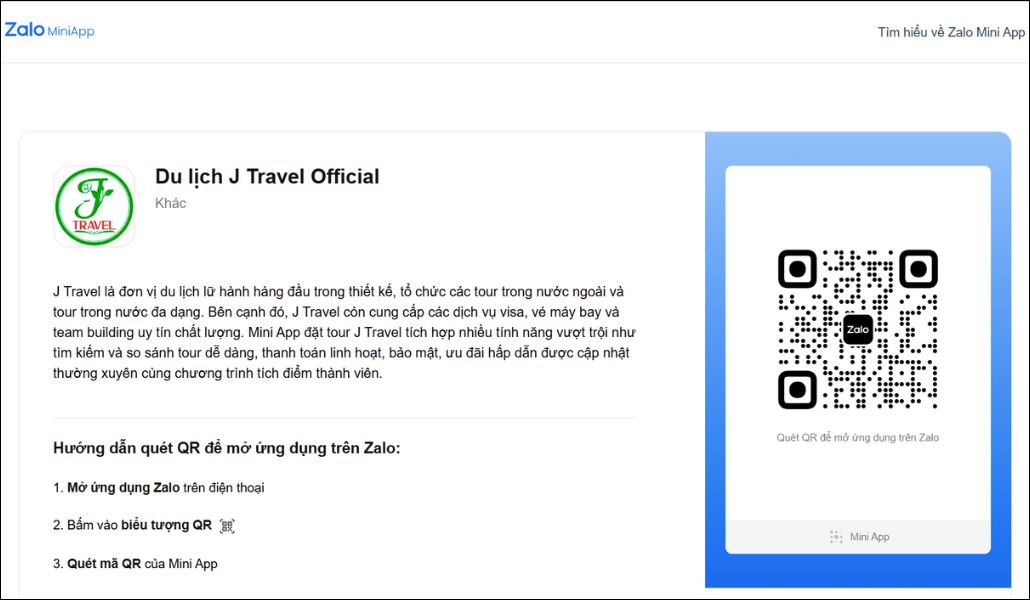 Truy cập link tự động đưa tới mini app của J Travel 