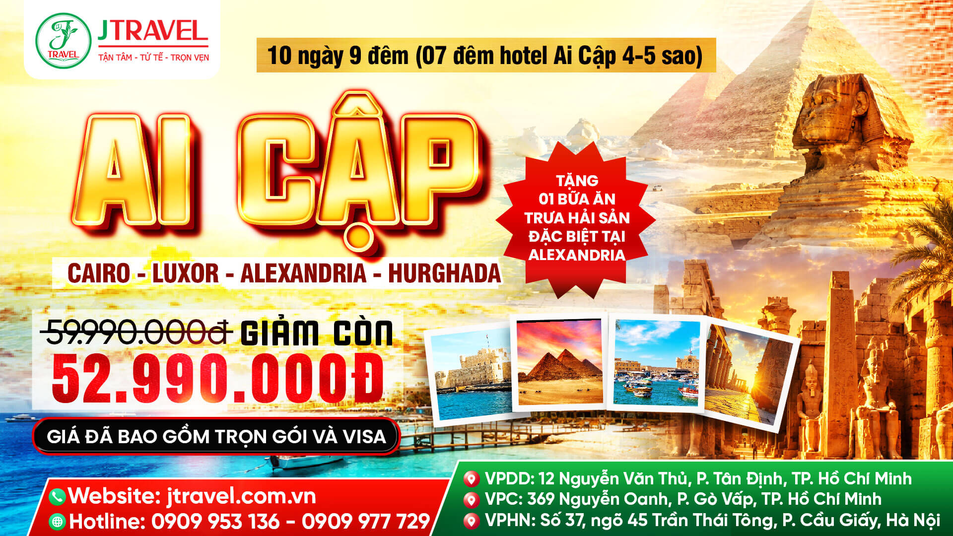Tour Ai Cập 10N9Đ của J Travel có tham quan Biển Đỏ, lưu trú khách sạn 5 sao ở Hurghada
