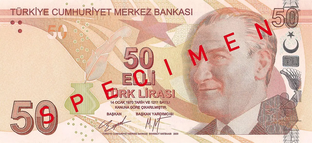 Tờ tiền 50 Lira Thổ Nhĩ Kỳ (mẫu)