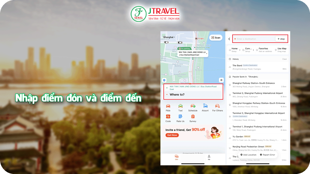 Nhập điểm đón và điểm đến trên app Didi