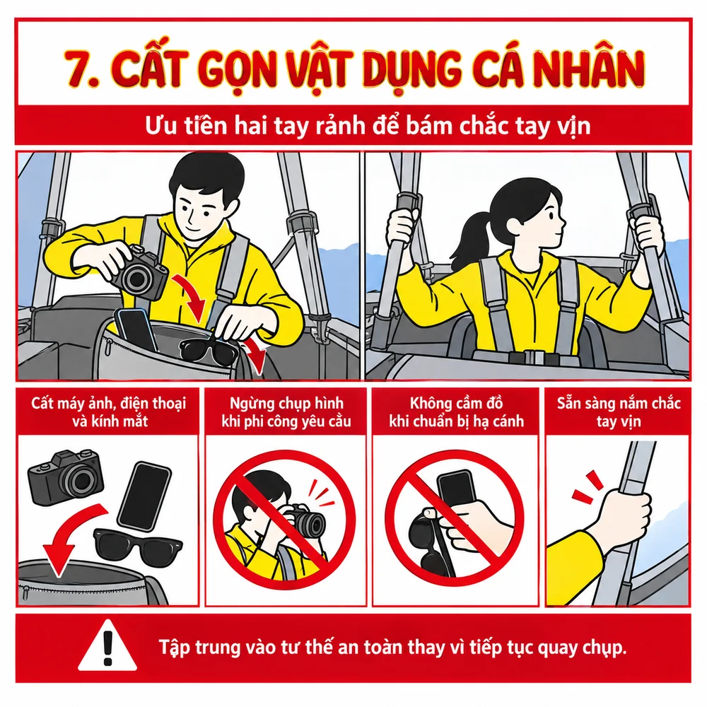 Cất gọn máy ảnh, điện thoại, kính mắt trước khi khinh khí cầu hạ cánh Cất gọn máy ảnh, điện thoại, kính mắt trước khi khinh khí cầu hạ cánh