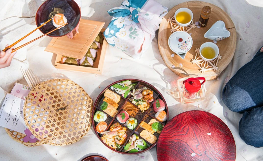 Trải chiếu mùa Hanami với bento Hanami và rượu sake dưới cây Sakura