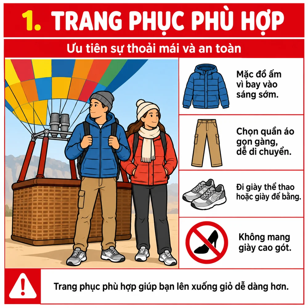 Trang phục phù hợp khi bay khinh khí cầu Cappadocia: áo ấm, giày thể thao, không mang giày cao gót Trang phục phù hợp khi bay khinh khí cầu Cappadocia: áo ấm, giày thể thao, không mang giày cao gót