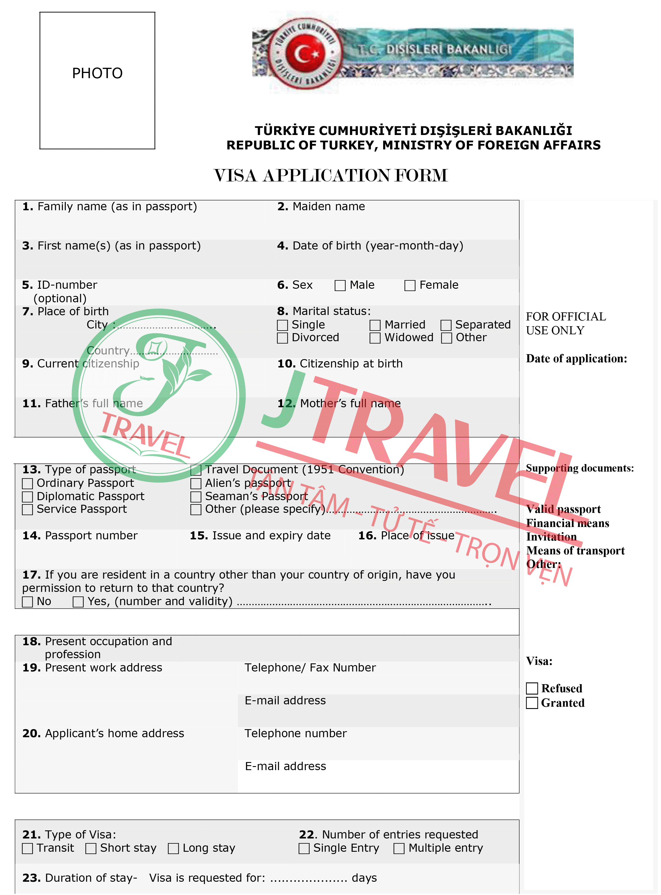 Mẫu đơn xin visa Thổ Nhĩ Kỳ