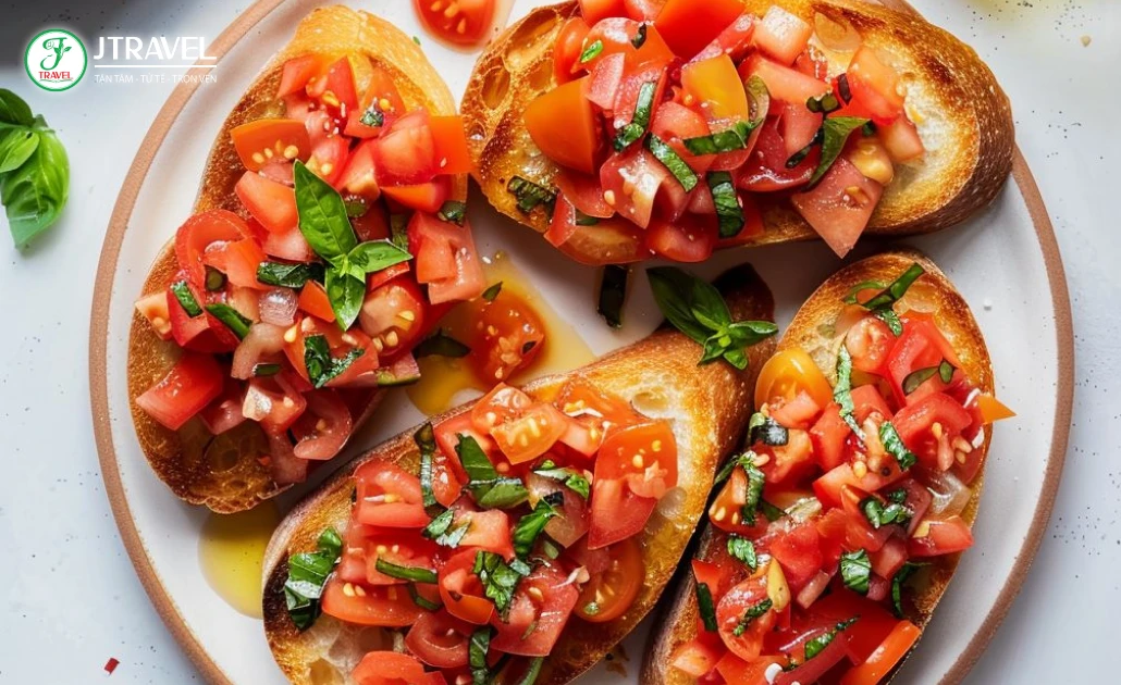 Bruschetta bánh mì nướng Ý với cà chua tươi và olive oil