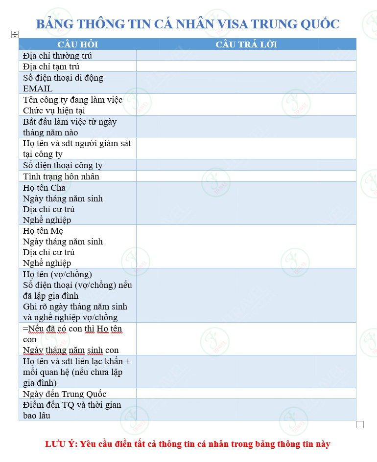 Bảng thông tin cá nhân xin visa Trung Quốc