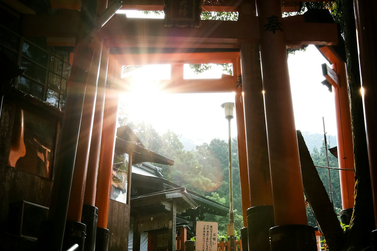 Cổng torii trên bậc thang đá dẫn vào đền