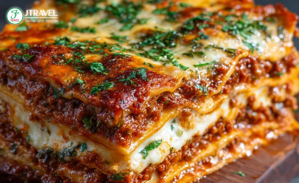 Lasagne Ý truyền thống nhiều lớp pasta sốt thịt và phô mai