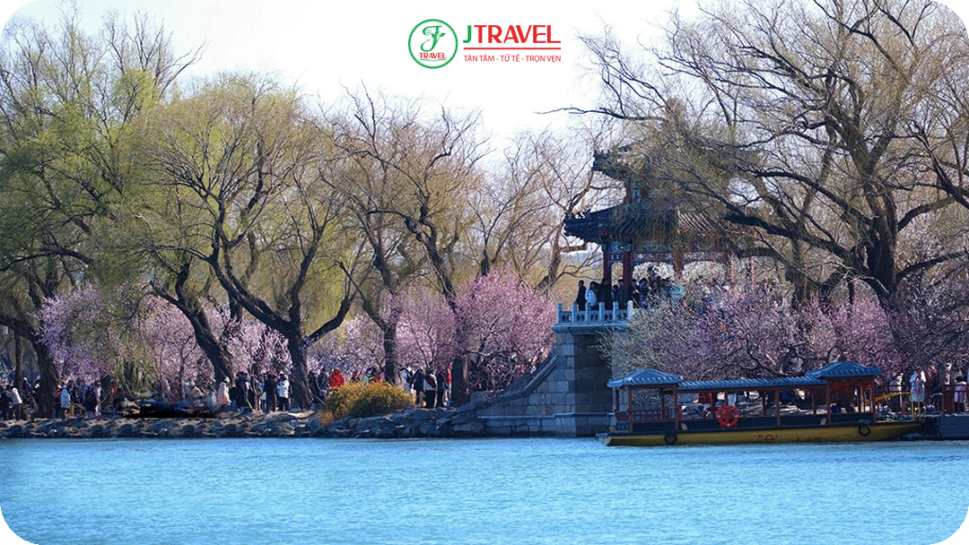 Hoa nở dọc theo lối đi ven hồ Côn Minh, xen kẽ cùng cầu đá cổ