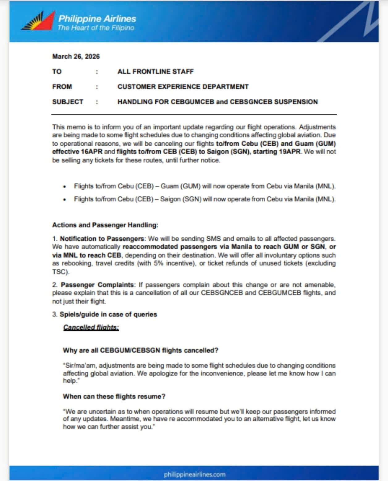 Philippine Airlines đã tạm ngừng các đường bay thẳng từ Cebu đến TP.HCM