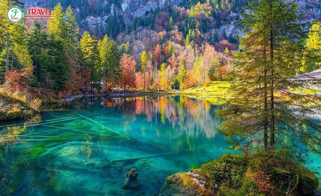 Mặt hồ Blausee trong vắt phản chiếu thiên nhiên hùng vĩ Thụy Sĩ