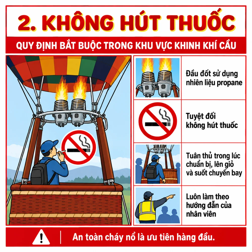 Không hút thuốc trong khu vực khinh khí cầu vì đầu đốt dùng nhiên liệu propane Không hút thuốc trong khu vực khinh khí cầu vì đầu đốt dùng nhiên liệu propane